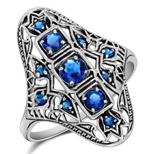 1CT Treated Blue Sapphire 925 Sterling Silver Art Deco Style Ring Sz 8 XB3-6