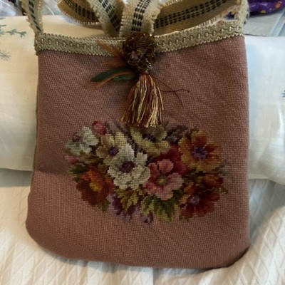 Handmade Needlepoint Floral Bag with Decorative Tassel and Trim