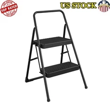 2-Step Steel Folding Step Stool 7 Ft. Reach Black Safety Support 200 lb Capacity