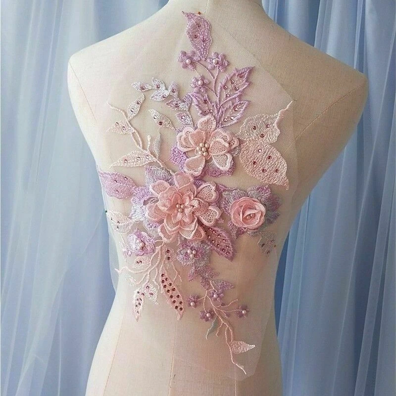 Colorful 3D Florals Lace Beaded Floral Applique Party Dress Patch Craft Elegant - Image 2 of 4