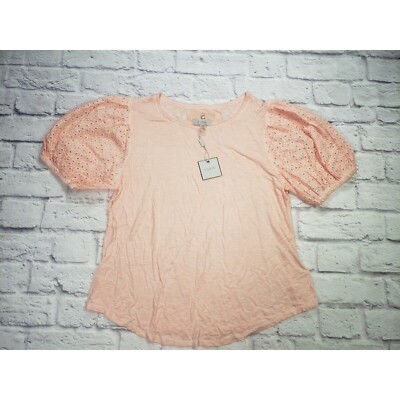 Cupio Womens Size Large Pink Short-Sleeve Eyelet Balloon Sleeve Blouse