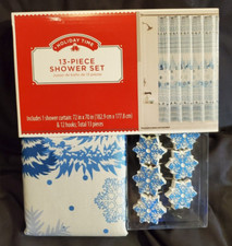 Holiday Time 13 Piece Fabric Shower Curtain and Hooks - Blue Reindeer Forest