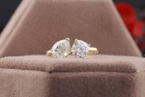 Authentic 2 Stone Moissanite Engagement Ring Stackable 14K Yellow Gold Plated Wedding Ring