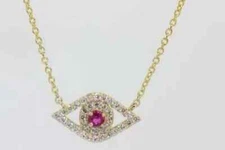 1Ct Round Cut Pink Sapphire Eye Shape Pendant 14K White Gold Finish Free Chain