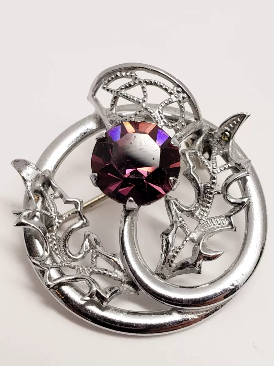 Brooch Pin Filigree Purple Peacock costume jewelry Rhinestone Silver Tone  1" | eBay