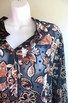 Avenue Semi Sheer Devore Shirt 22 24 2X Plus Brown Gold Floral Tab Collar