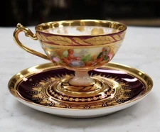 Dresden Ambrosius Lamm Courting Couple Scene Footed Demitasse Cup & Saucer, RARE