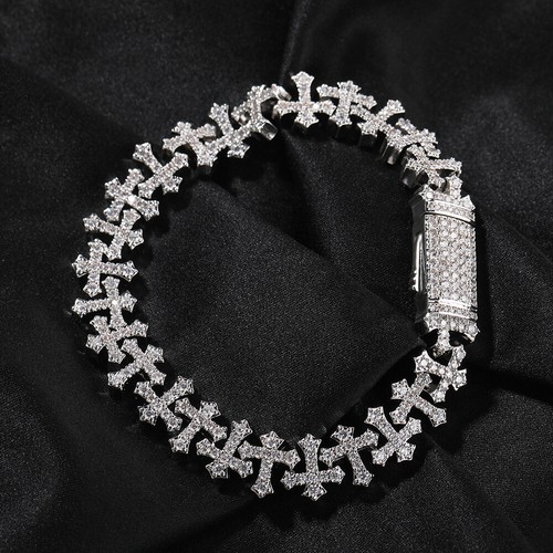 Hip Hop Cross Flowers Tennis Chain Bracelets 5A Zircon Real Gold plated Jewelry - Picture 2 of 12