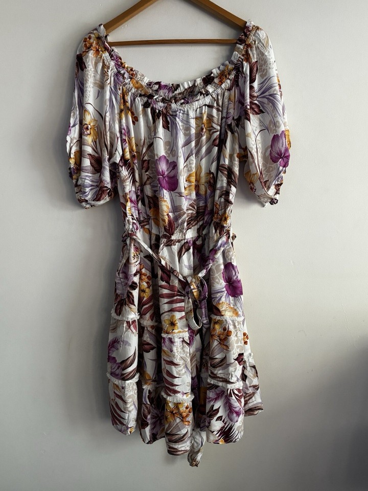 CITY CHIC Ladies Dress Size XL White Floral Off Shoulder Tiered Knee