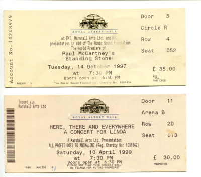 Paul McCartney Ticket Beatles Collection 4 Tickets Albert Hall Shows 1997 - 1999