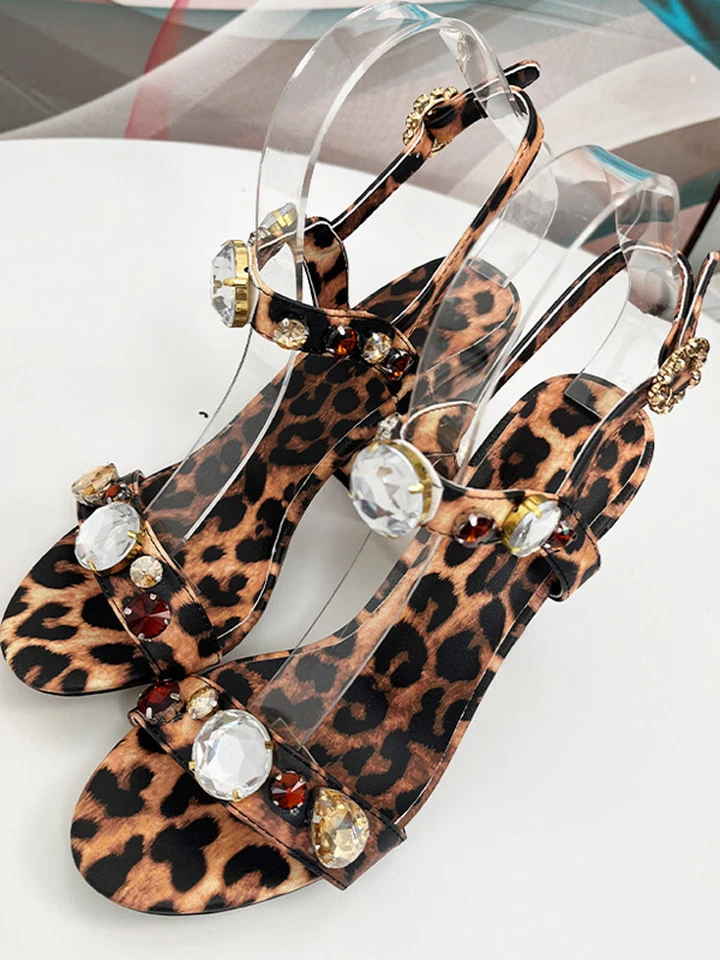 Womens Leopard Print High-heeled Sandals Buckle Crystal Open Toe Shoes Size 43 - Image 3 of 4