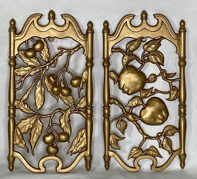 2 Vintage Sexton metal wall art decor hanging plaques Apple & Cherry