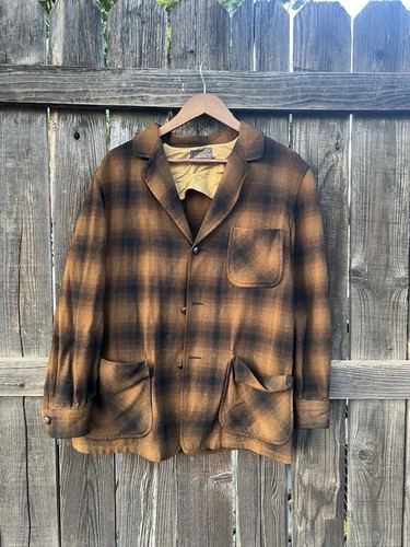 Vintage 70s Pendleton Shadow Plaid Button Up Virgin Wool Brown Jacket 