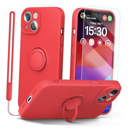 Silicone Phone Case for iPhone 15 with Screen Protector [Ring Holder Red