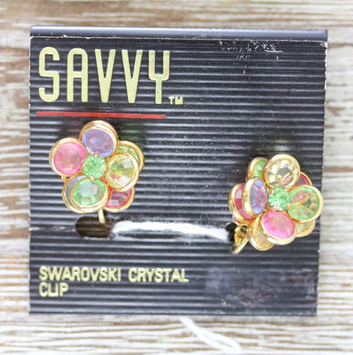 VINTAGE SAVY SWAROVSKI CRYSTAL BEZEL SET EARRINGS PASTEL CLUSTER JEWELRY