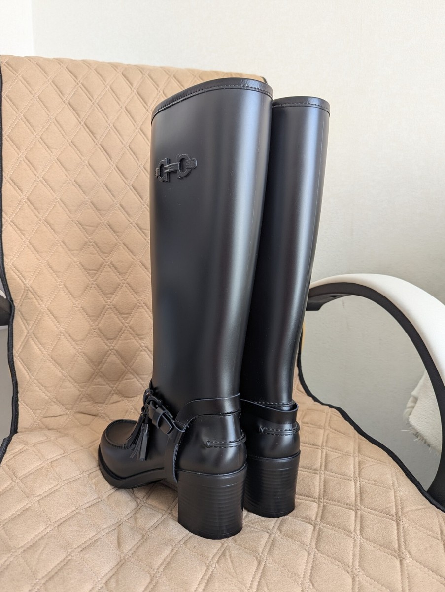 Salvatore Ferragamo Gancini Knee High Rain Rubber Wellington Boots