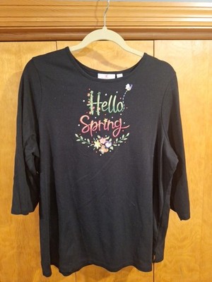 Quacker Factory Summer Sayings  Black ''Hello SPRI'' 3/4 Sleeve Top XL