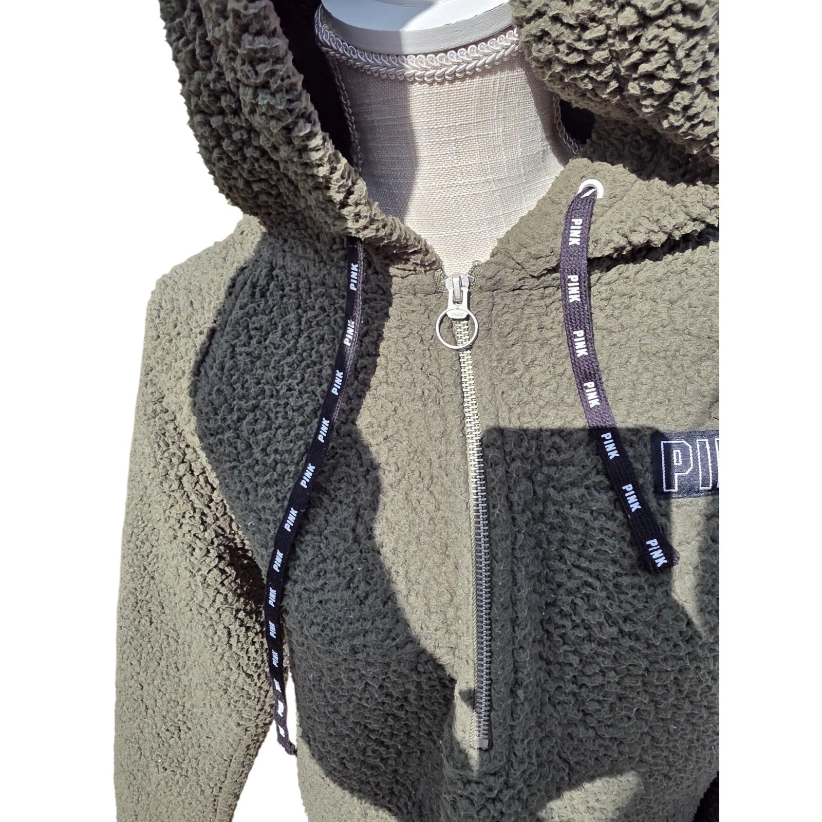 UNDERCOVER ROSA Victoria's Secret Sherpa Pullover Felpa con Cappuccio Mezza Zip Accogliente Caldo Oliva M