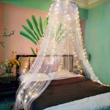 Lace Bed Canopy Mosquito Netting with Warm Lights, Princess Bed Canopy for Girls