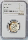 1945 D Washington Silver Quarter MS 66 NGC Crescent Rainbow Toning 25C US COIN