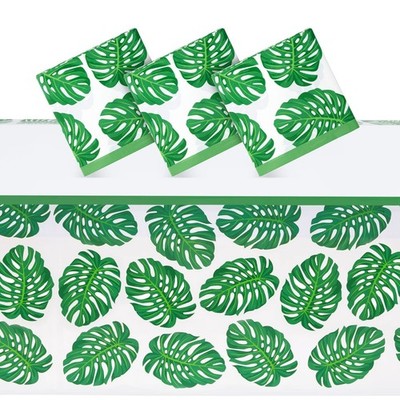 Blue Panda Tropical Leaves Tablecloths - 3 Pack, 54 x 54'' x 108'', Green/White 