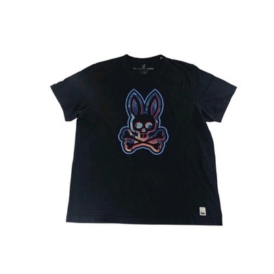 Psycho Bunny Mens 6 Black Pima Cotton Graphic T-Shirt Palm Tree Bunny Logo  SS