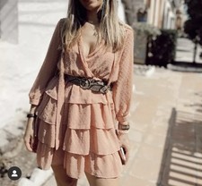Zara Blogger Plumetis Maxi Midi Kleid Rüschen Rosé XS/34 Neu m. Etikett
