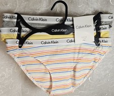 Calvin Klein 3 Pk Cotton Stretch Bikinis S Solid Yellow, Gray  Stripes on White