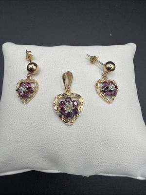 Vintage 9 kt Gold und Rubin Anhänger und Ohrring Set