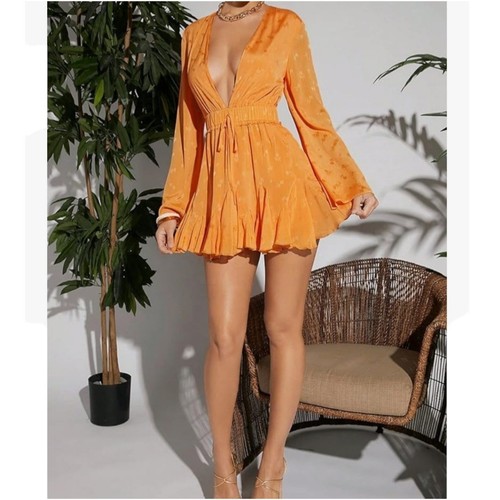Deep V Neck Orange Mini A-Line Dress Bell Sleeves Flutter Hem Shein Size 4 Small