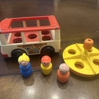 Fisher Price 3 Little People White Mini Bus & Merry Go Round Vintage