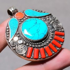 Tibetan Turquoise Coral Handmade Ethnic Boho Jewelry Nepali Pendant 2.2" SR 2310