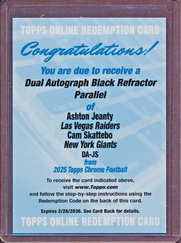 2025 Topps Chrome Ashton Jeanty/Cam Skattebo Dual Autographs (RAW)