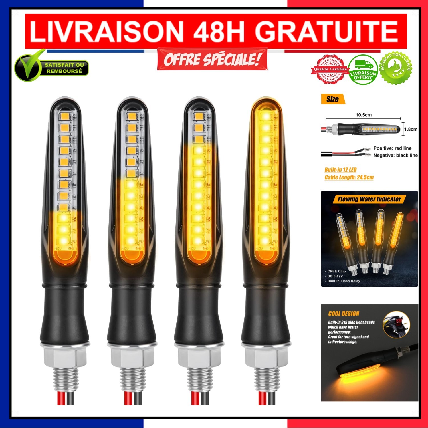 Clignotants URAQT 4PCS pour moto et scooter avec 12 LED ambre étanches IP67