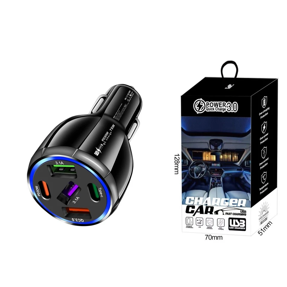 Cargador de Coche Súper Rápido 5 Puertos USB Tipo-C 75W para Teléfono iPhone 15 Samsung Android Foto 4 de 4