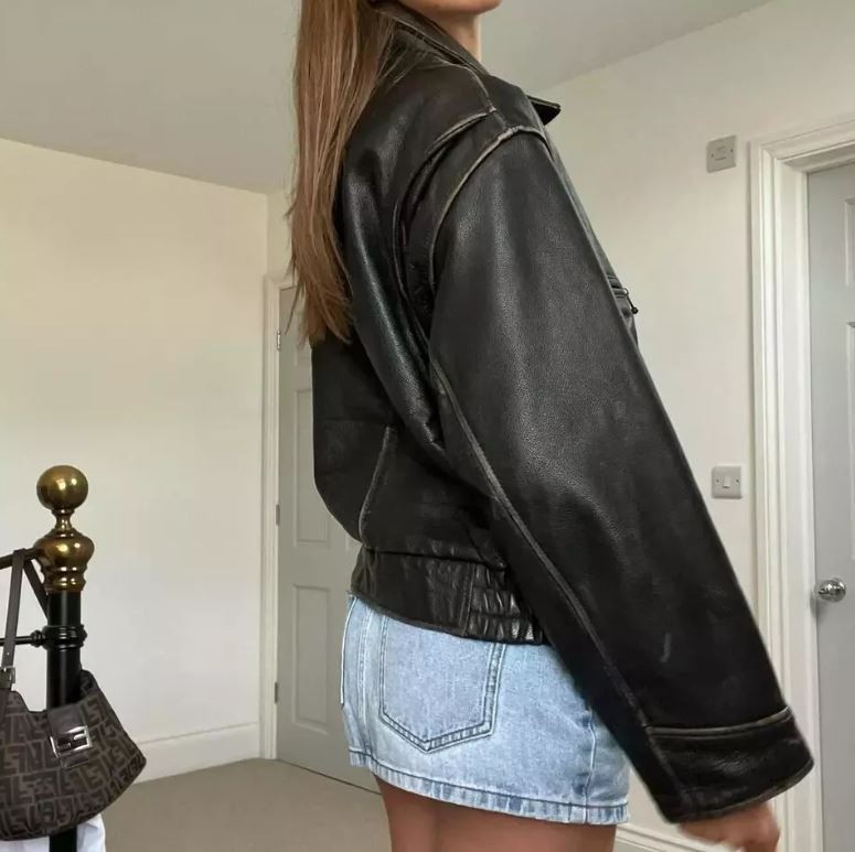 90s Women Genuine Leather Bomber Jacket Oversize Black Brown Vintage Coat UK image 5