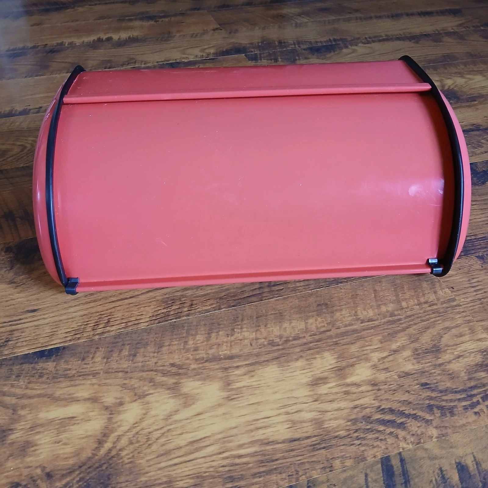 Vintage Faded Red Steel Roll Top Lid Bread Box Black Trim MCM READ