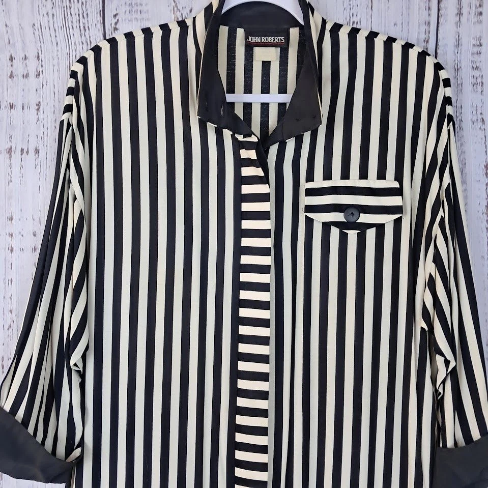 Vestido Camisa Vintage Años 80 JOHN ROBERTS 11/12 Negro Marfil Rayas Midi Manga Larga Foto 2 de 4