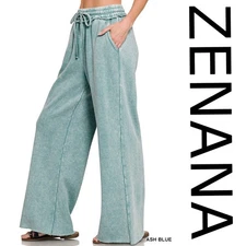SIZE S-L ZENANA ASH BLUE MINERAL WASHED POCKETS FLEECE WIDE LEG PANTS BHCS