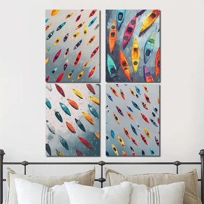 4pcs A Grid Of Colorful Kayaks Floating Through Wall Art  Canvas Unframed/Framed