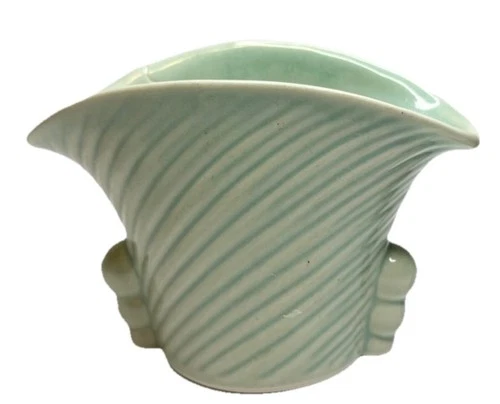 Roseville/McCoy-Style Pottery Fan Vase Planter Art Deco Swirl Mint Green 3.5”