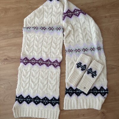Schalset Esprit Creme Wintermuster Schal Handschuhe Rauten Lila Blau Mega Zopfmu