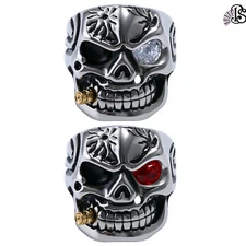 Men Goth Skull Smoking Biker Ring Punk CZ Stainless Steel Cocktail Party Band