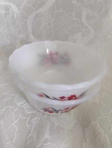 Vintage Fire King Milk Glass Primrose Pattern Custard Cups Ramekin Bowls 2 Set