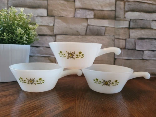 Lot of 3 Vintage Fire King White Milk Glass Green Meadow Soup Bowl  With Handle