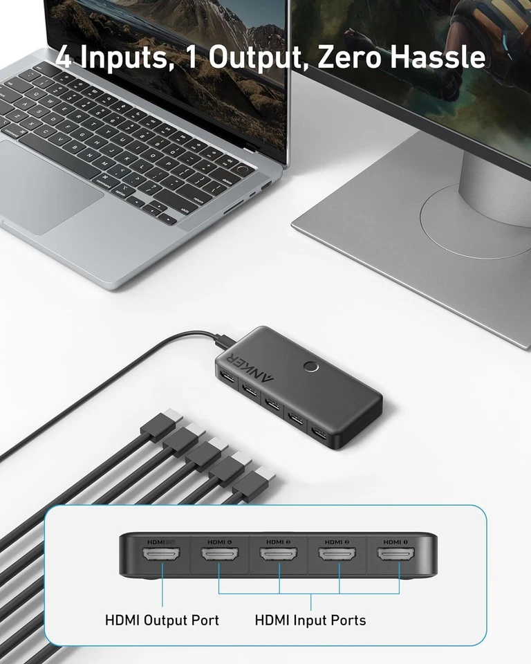 Conmutador Anker HDMI 4K@60Hz Conmutador Divisor 4 en 1 Salida para Portátiles/PC/Xbox/TV Foto 2 de 4