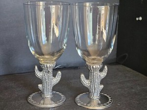 Vtg Southwest Rustica Cowboy Pewter Cactus Wine/Water Glasses