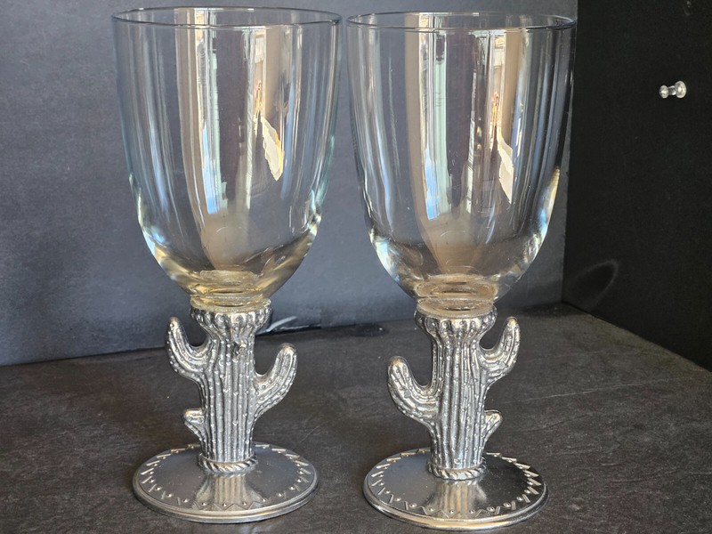 Vtg Southwest Rustica Cowboy Pewter Cactus Wine/Water Glasses
