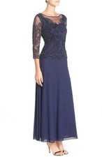 Pisarro Nights Illusion Neck Beaded A-Line Gown 3/4 Sleeves Navy Formal Dress 4