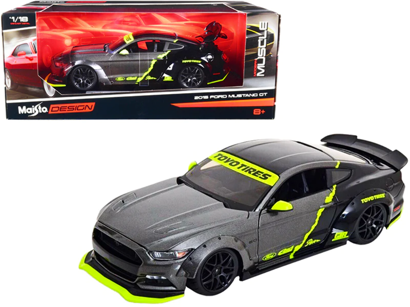 2015 Ford Mustang GT 5.0 Gray Metallic and Black with 1/18 Diecast Model Car